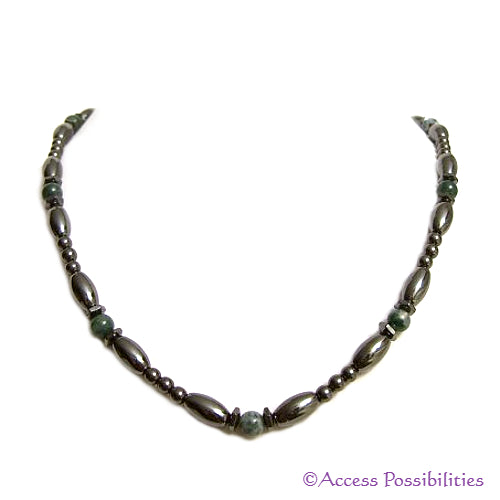 Moss Agate Hex And Rice Magnetite Magnetic Necklace | Handcrafted Magnetite Jewelry | Access Possibilities
