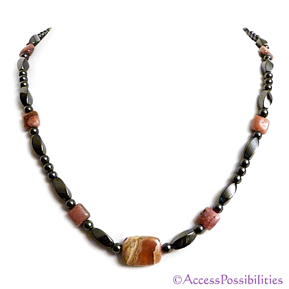 Rhodochrosite Twist And Round Magnetite Magnetic Necklace | Handcrafted Magnetite Jewelry | Access Possibilities