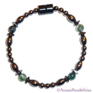 Moss Agate Hex And Rice Magnetite Magnetic Anklet | Handcrafted Magnetite Jewelry | Access Possibilities