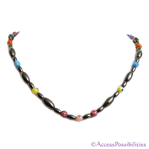 Multi-Color Millefiori Rice Magnetite Magnetic Necklace | Handcrafted Magnetite Jewelry | Access Possibilities