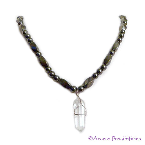 Quartz Wire Wrap Crystal Point Pendant Magnetite Magnetic Necklace (6x12) | Handcrafted Magnetite Jewelry | Access Possibilities