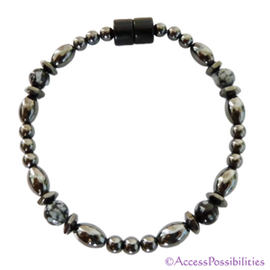 Snowflake Obsidian Hex And Rice Magnetite Magnetic Anklet | Handcrafted Magnetite Jewelry | Access Possibilities