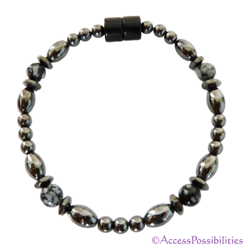 Snowflake Obsidian Hex And Rice Magnetite Magnetic Anklet | Handcrafted Magnetite Jewelry | Access Possibilities