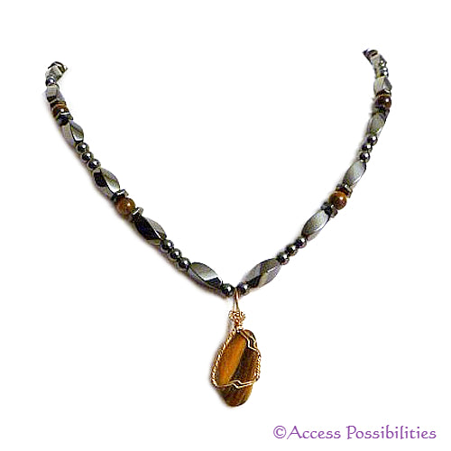 Tiger Eye Wire Wrap Magnetite Magnetic Necklace | Handcrafted Magnetite Jewelry | Access Possibilities