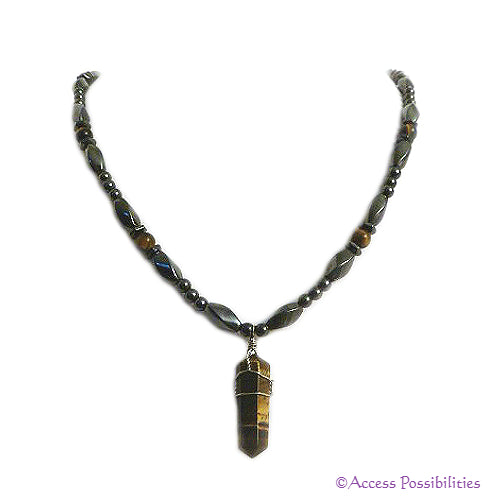Tiger Eye Wire Wrap Crystal Point Pendant Magnetite Magnetic Necklace | Magnetic Jewelry | Access Possibilities