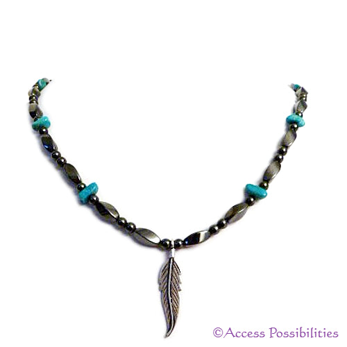 Sterling Silver Feather Pendant Turquoise Magnetite Magnetic Necklace | Magnetite Jewelry | Access Possibilities