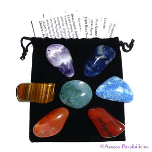Chakra Crystal Kit | 7 Stones with 7 Property Cards and Storage Pouch | Healing Crystals | Access Possibilities