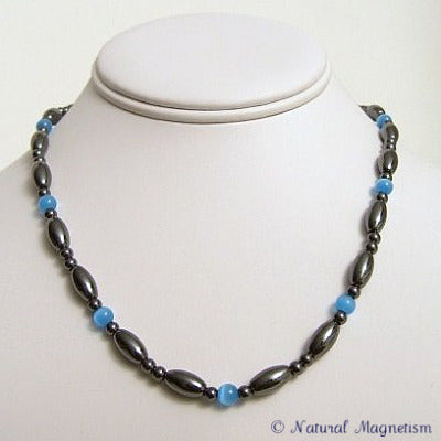 Light Blue Cat Eye And Rice Magnetite Magnetic Necklace