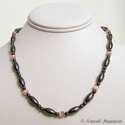 Pink Cat Eye And Rice Magnetite Magnetic Necklace