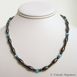 Teal Cat Eye And Rice Magnetite Magnetic Necklace